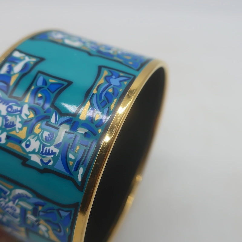 Hermes 2006 Russian Alphabet Extra Wide Enamel Bangle Bracelet Blue