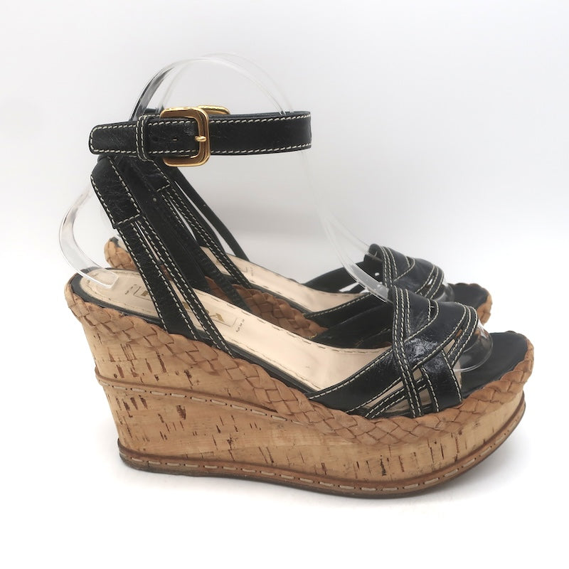 Prada Ankle Strap Cork Platform Wedge Sandals Black Leather Size 37
