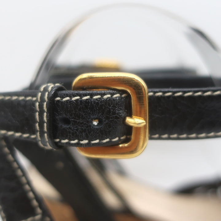 Prada Ankle Strap Cork Platform Wedge Sandals Black Leather Size 37