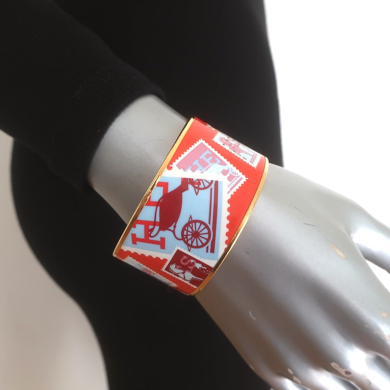 Hermes 2007 Postage Stamp Extra Wide Enamel Bangle Bracelet Orange/Red