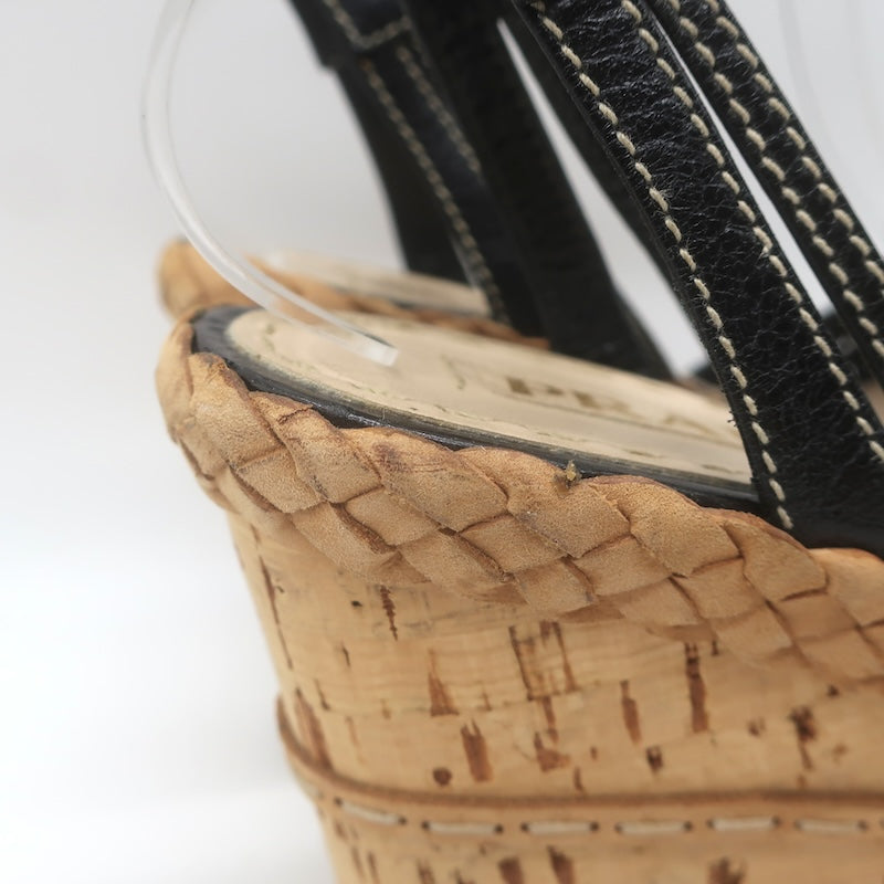 Prada Ankle Strap Cork Platform Wedge Sandals Black Leather Size 37