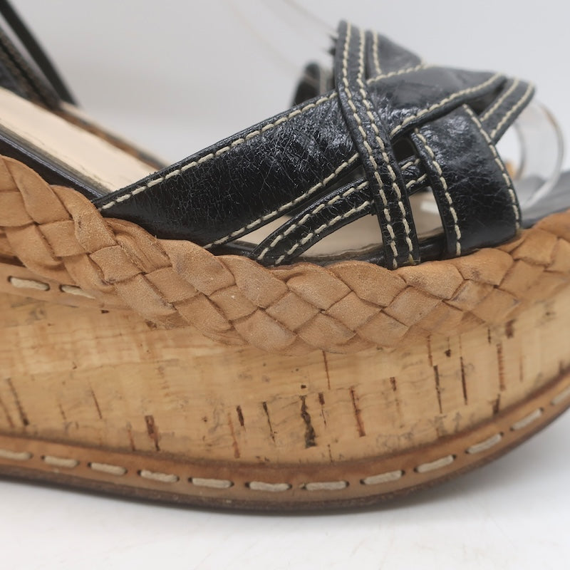 Prada Ankle Strap Cork Platform Wedge Sandals Black Leather Size 37