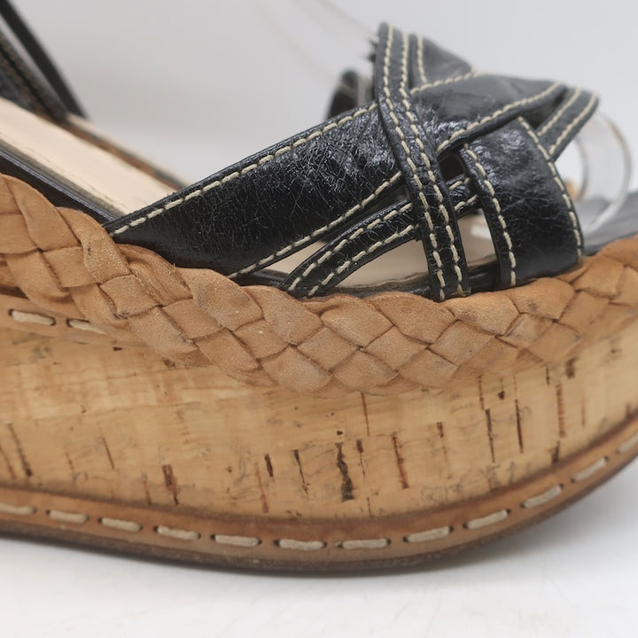 Prada Ankle Strap Cork Platform Wedge Sandals Black Leather Size 37