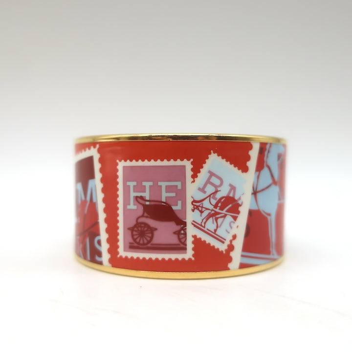 Hermes 2007 Postage Stamp Extra Wide Enamel Bangle Bracelet Orange/Red