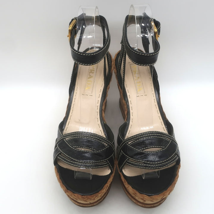 Prada Ankle Strap Cork Platform Wedge Sandals Black Leather Size 37