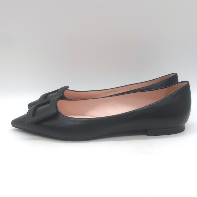 Roger Vivier Gommettine Tonal-Buckle Ballet Flats Black Leather Size 38.5