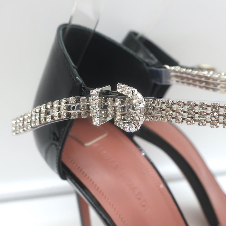 Amina Muaddi Ursina Crystal-Strap Sandals Black Patent Leather Size 36.5 NEW