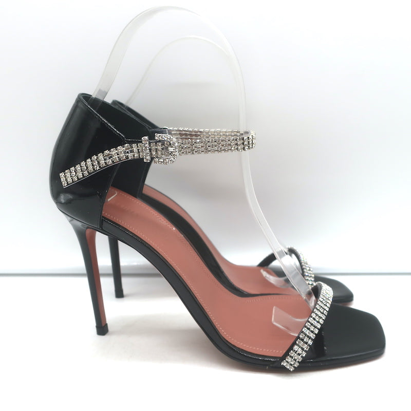 Amina Muaddi Ursina Crystal-Strap Sandals Black Patent Leather Size 36.5 NEW