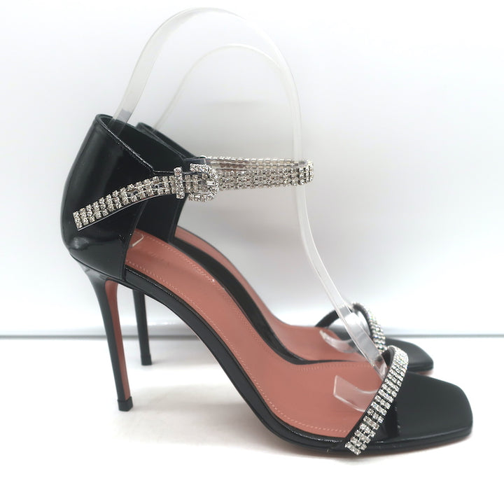 Amina Muaddi Ursina Crystal-Strap Sandals Black Patent Leather Size 36.5 NEW