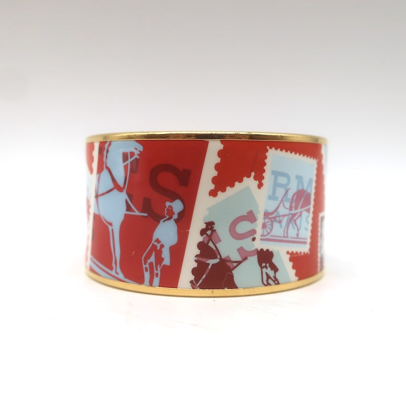Hermes 2007 Postage Stamp Extra Wide Enamel Bangle Bracelet Orange/Red