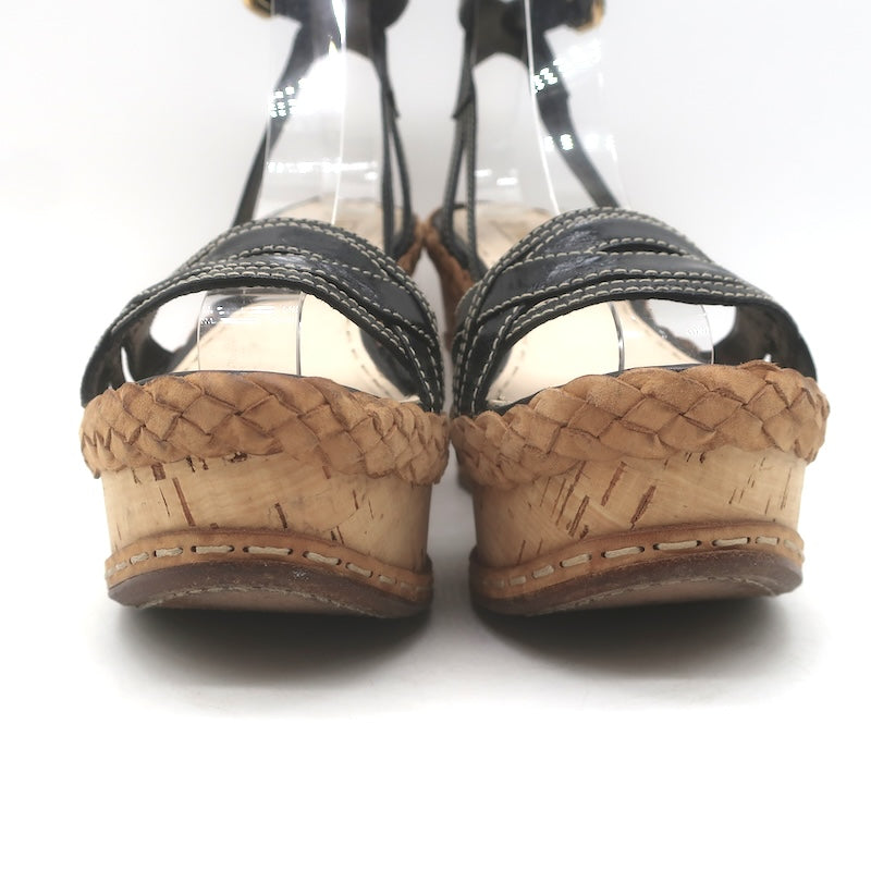 Prada Ankle Strap Cork Platform Wedge Sandals Black Leather Size 37
