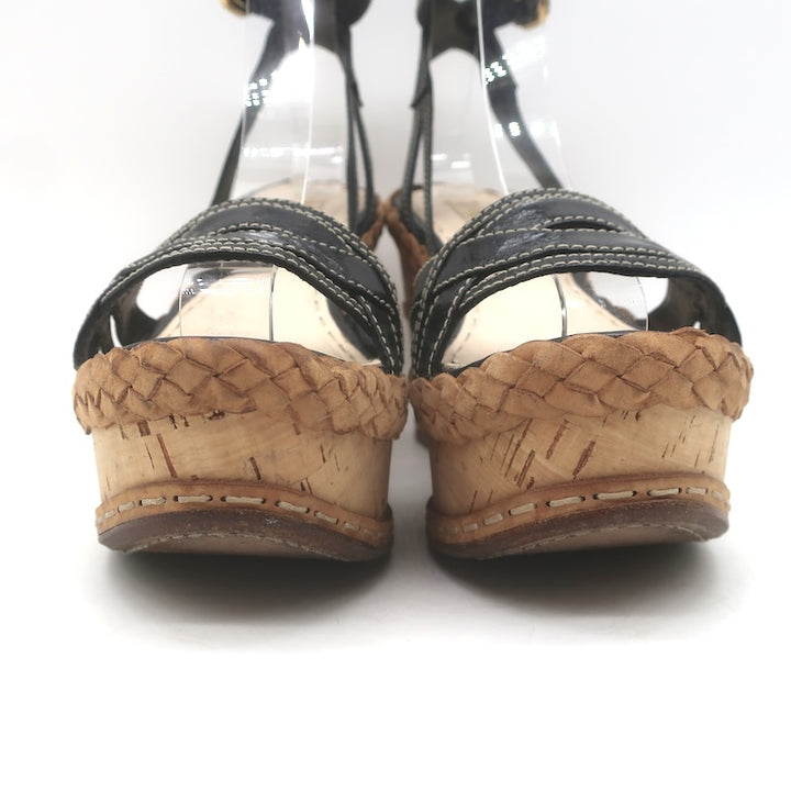 Prada Ankle Strap Cork Platform Wedge Sandals Black Leather Size 37