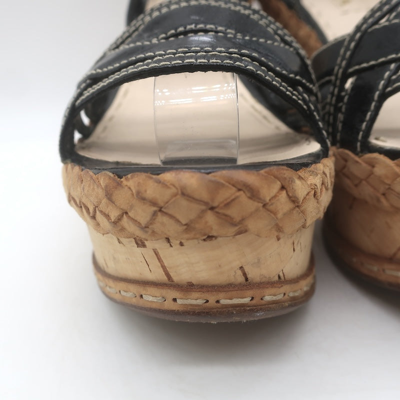Prada Ankle Strap Cork Platform Wedge Sandals Black Leather Size 37