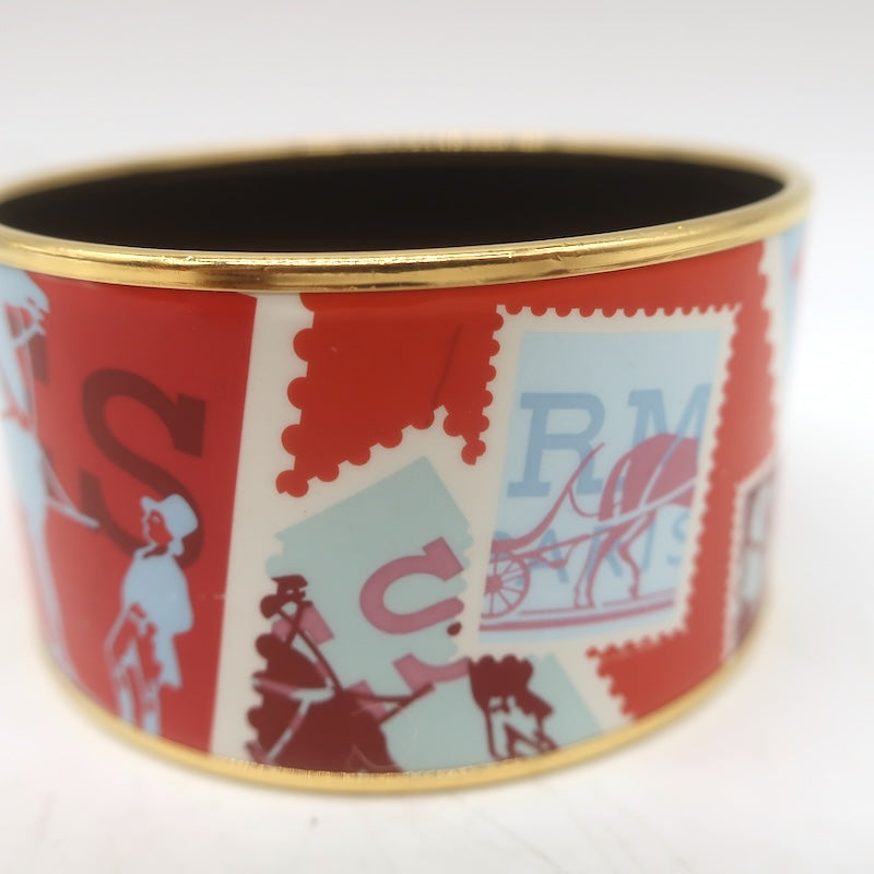 Hermes 2007 Postage Stamp Extra Wide Enamel Bangle Bracelet Orange/Red