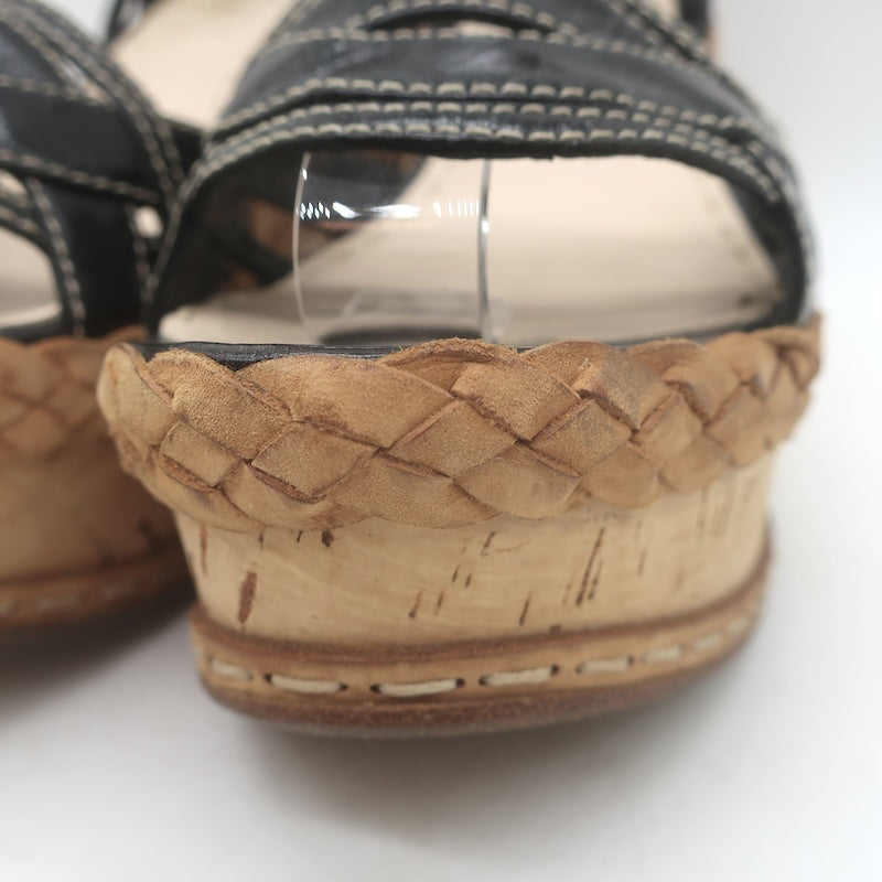 Prada Ankle Strap Cork Platform Wedge Sandals Black Leather Size 37