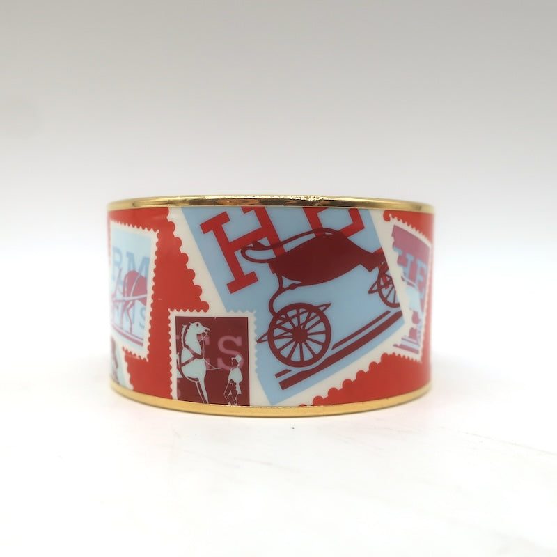 Hermes 2007 Postage Stamp Extra Wide Enamel Bangle Bracelet Orange/Red
