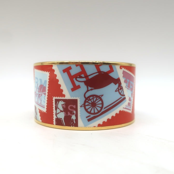 Hermes 2007 Postage Stamp Extra Wide Enamel Bangle Bracelet Orange/Red