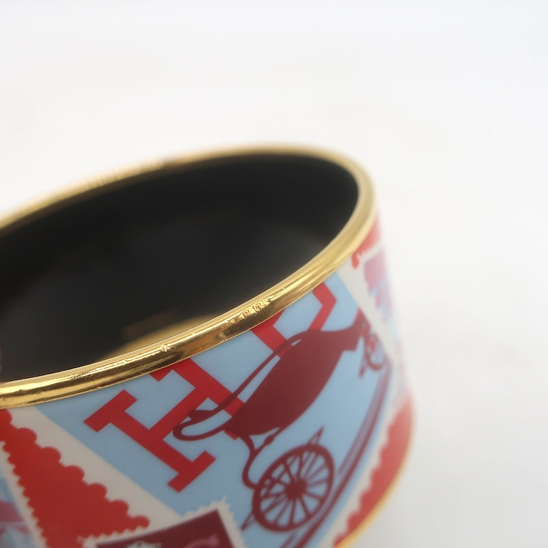 Hermes 2007 Postage Stamp Extra Wide Enamel Bangle Bracelet Orange/Red