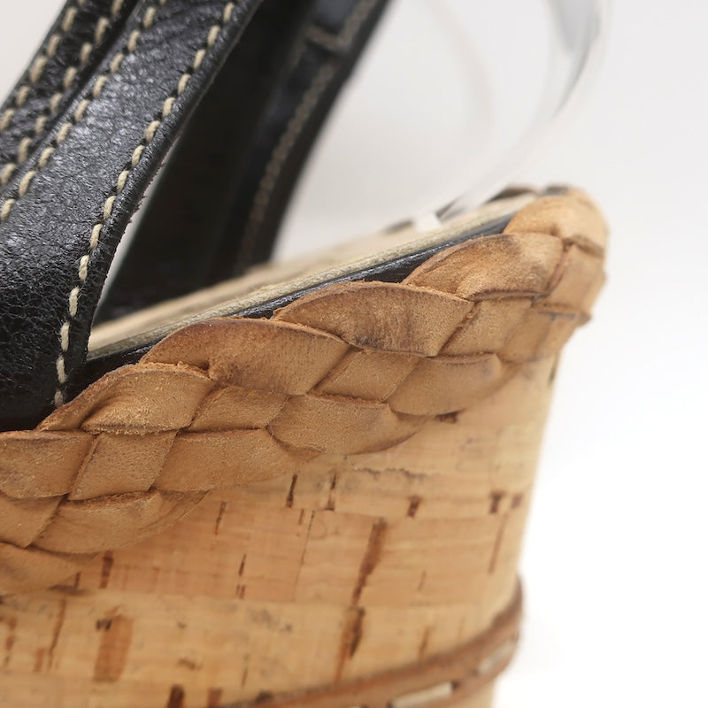 Prada Ankle Strap Cork Platform Wedge Sandals Black Leather Size 37