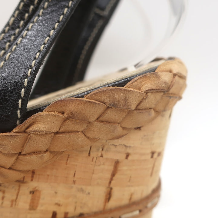 Prada Ankle Strap Cork Platform Wedge Sandals Black Leather Size 37