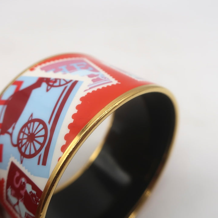 Hermes 2007 Postage Stamp Extra Wide Enamel Bangle Bracelet Orange/Red