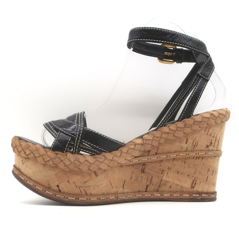 Prada Ankle Strap Cork Platform Wedge Sandals Black Leather Size 37
