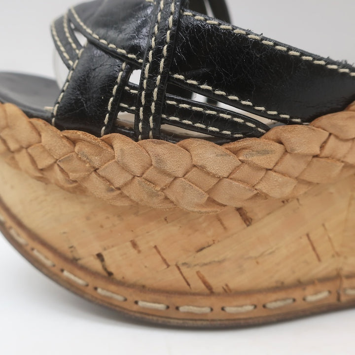 Prada Ankle Strap Cork Platform Wedge Sandals Black Leather Size 37