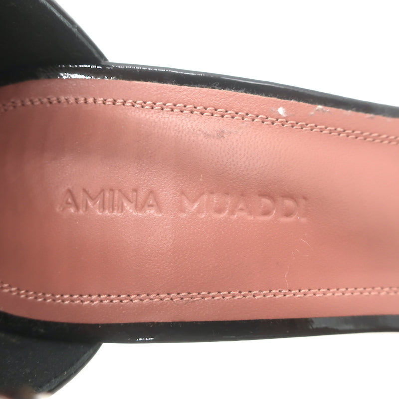 Amina Muaddi Ursina Crystal-Strap Sandals Black Patent Leather Size 36.5 NEW