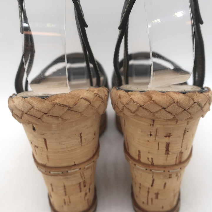 Prada Ankle Strap Cork Platform Wedge Sandals Black Leather Size 37