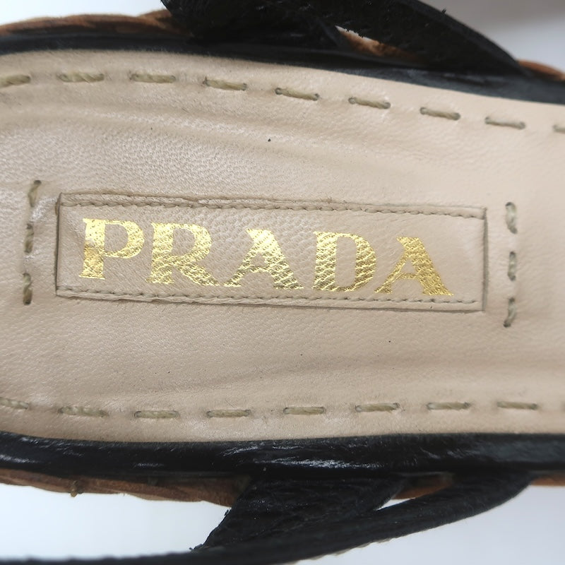 Prada Ankle Strap Cork Platform Wedge Sandals Black Leather Size 37