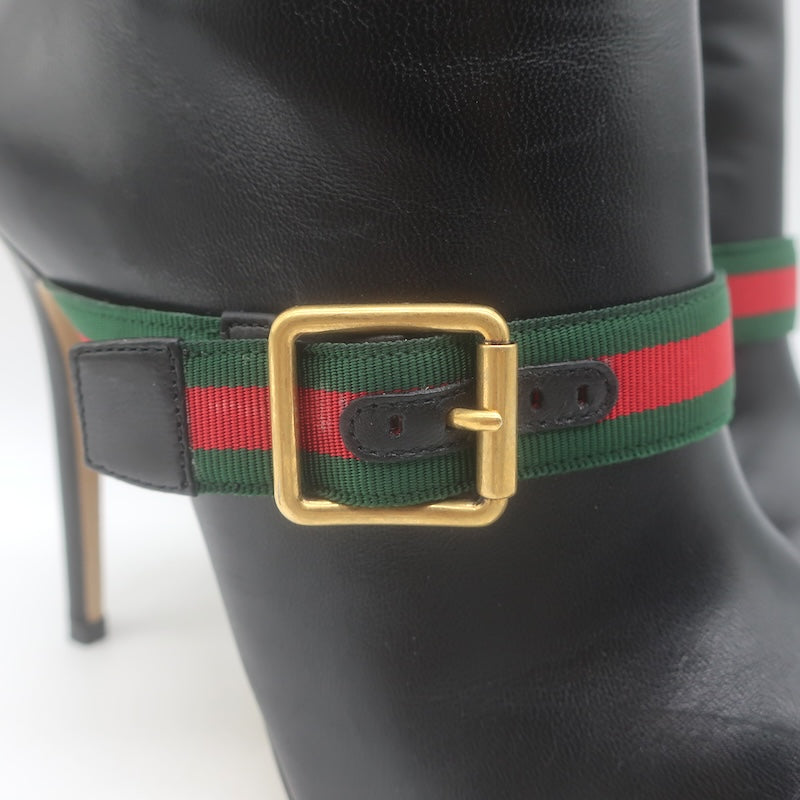 Gucci Sylvie Web Strap High Heel Ankle Boots Black Leather Size 37.5