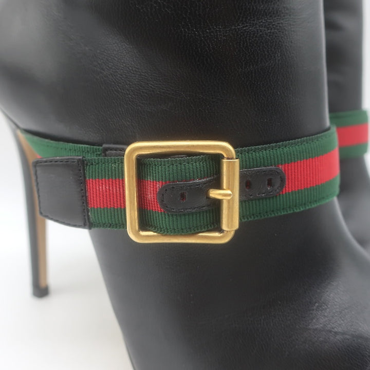 Gucci Sylvie Web Strap High Heel Ankle Boots Black Leather Size 37.5
