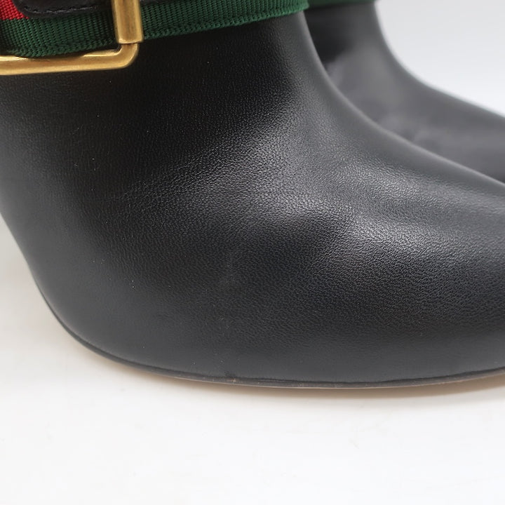 Gucci Sylvie Web Strap High Heel Ankle Boots Black Leather Size 37.5