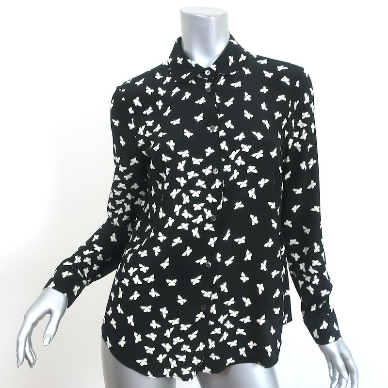 RED Valentino Butterflies Print Shirt Black Silk Size 40 Pussy Bow Blouse