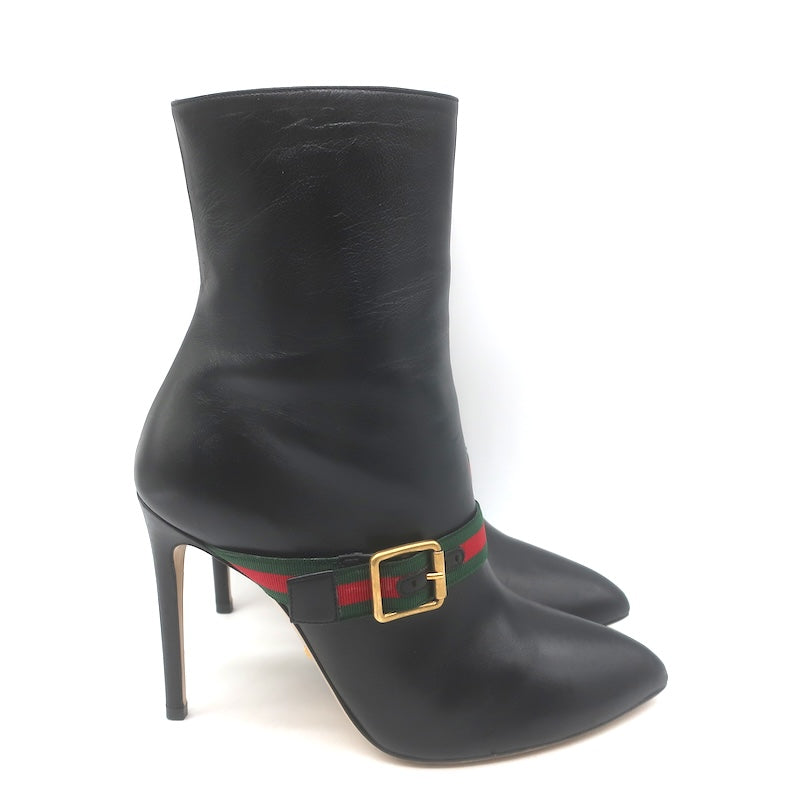 Gucci Sylvie Web Strap High Heel Ankle Boots Black Leather Size 37.5