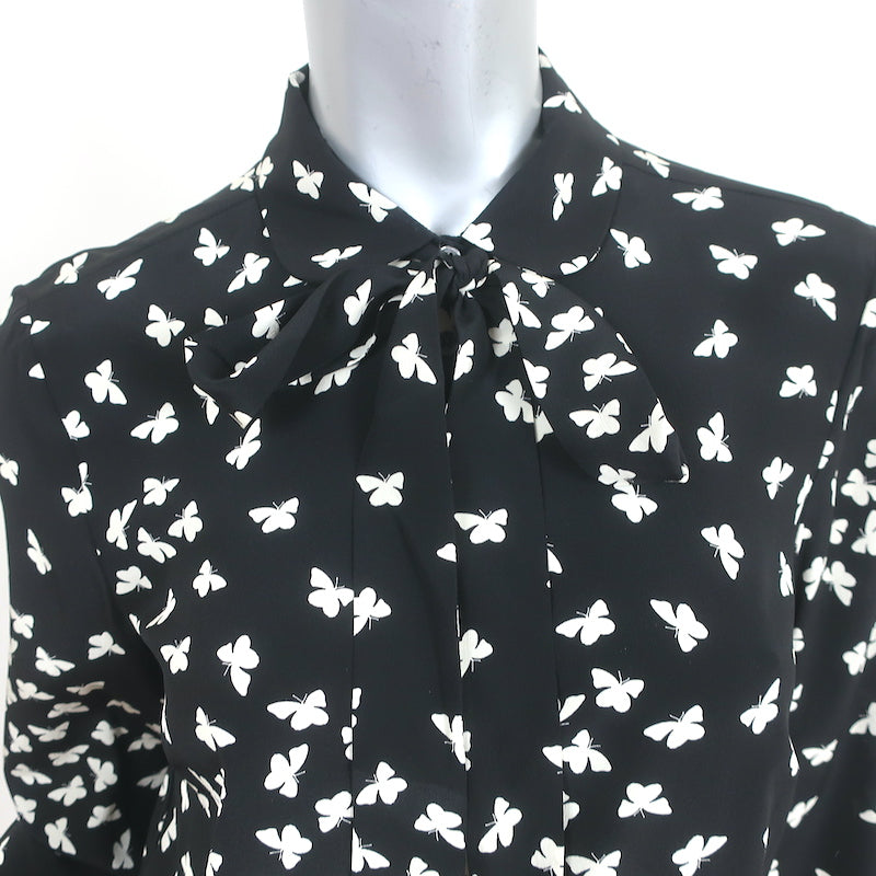 RED Valentino Butterflies Print Shirt Black Silk Size 40 Pussy Bow Blouse