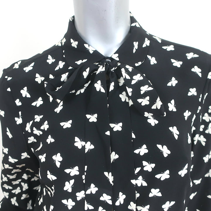 RED Valentino Butterflies Print Shirt Black Silk Size 40 Pussy Bow Blouse