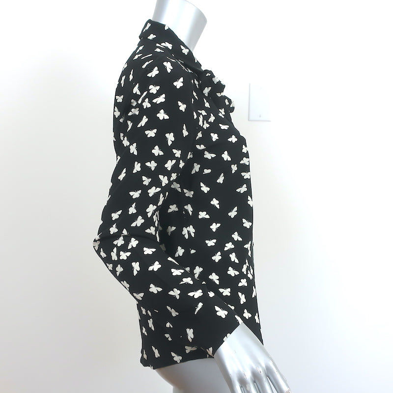 RED Valentino Butterflies Print Shirt Black Silk Size 40 Pussy Bow Blouse