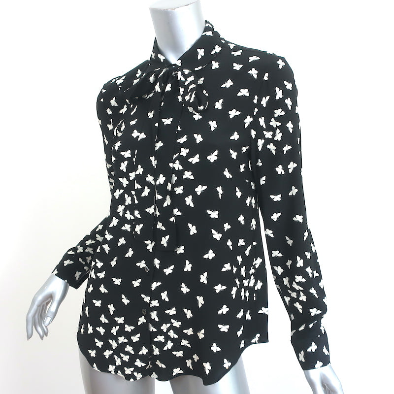 RED Valentino Butterflies Print Shirt Black Silk Size 40 Pussy Bow Blouse
