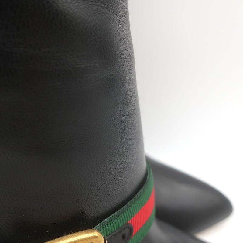 Gucci Sylvie Web Strap High Heel Ankle Boots Black Leather Size 37.5