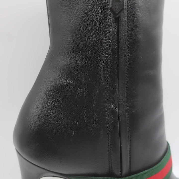 Gucci Sylvie Web Strap High Heel Ankle Boots Black Leather Size 37.5