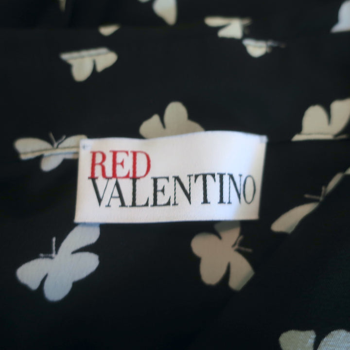 RED Valentino Butterflies Print Shirt Black Silk Size 40 Pussy Bow Blouse