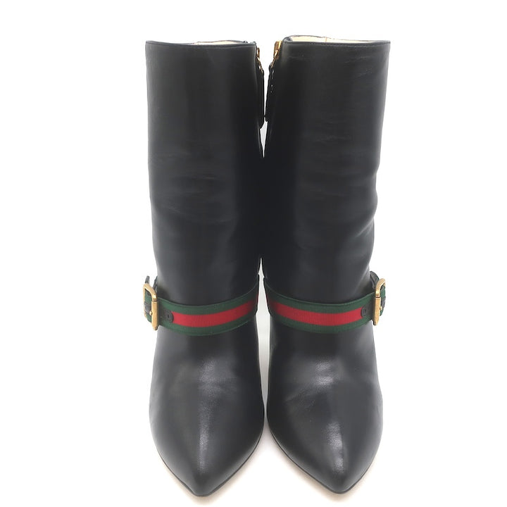 Gucci Sylvie Web Strap High Heel Ankle Boots Black Leather Size 37.5