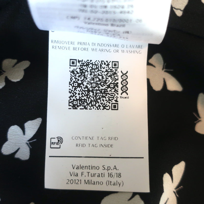 RED Valentino Butterflies Print Shirt Black Silk Size 40 Pussy Bow Blouse
