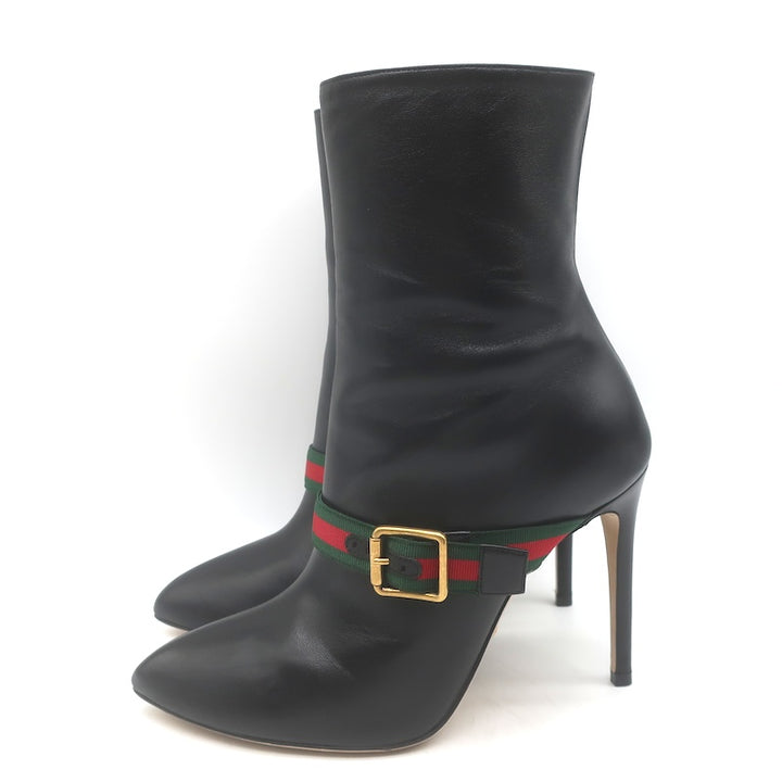 Gucci Sylvie Web Strap High Heel Ankle Boots Black Leather Size 37.5