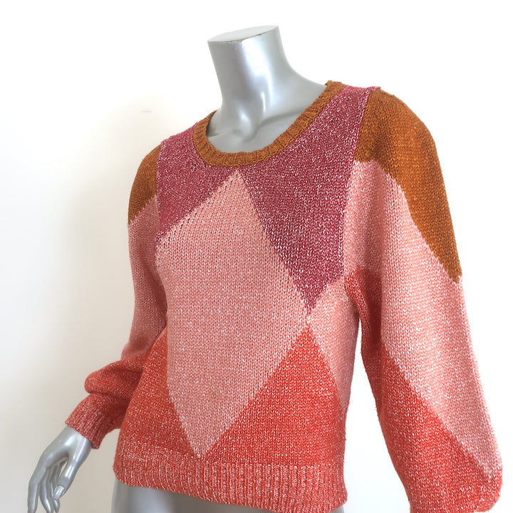 Vanessa Bruno Balloon Sleeve Argyle Sweater Pink Cotton-Blend Size Small
