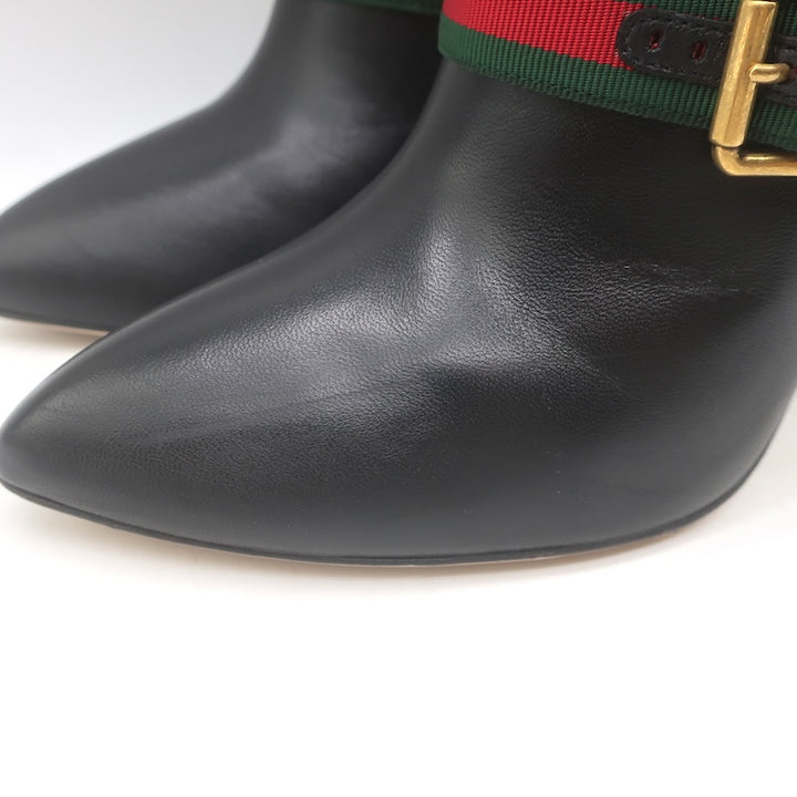Gucci Sylvie Web Strap High Heel Ankle Boots Black Leather Size 37.5
