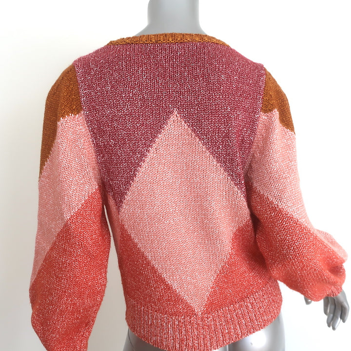 Vanessa Bruno Balloon Sleeve Argyle Sweater Pink Cotton-Blend Size Small