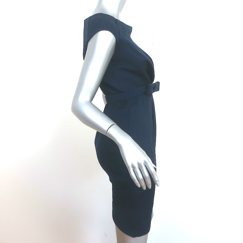 Christian Dior Bow Belt Mini Dress Navy Size 36 Boatneck Cap Sleeve Sheath