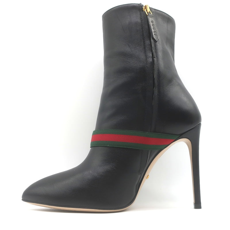 Gucci Sylvie Web Strap High Heel Ankle Boots Black Leather Size 37.5